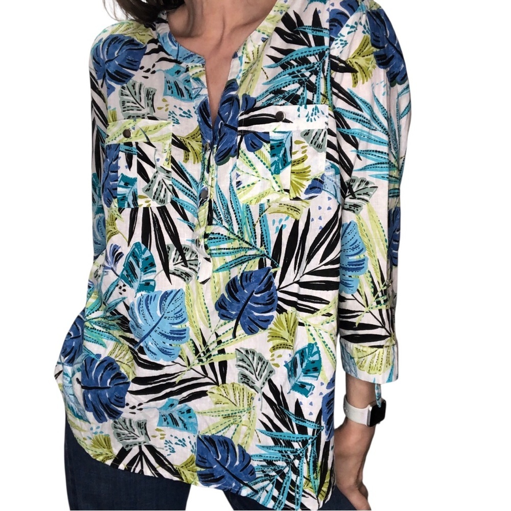 VTG Linen Blend Popover Blouse Top XL Cathy Daniels Palm Tropical Resort Retro - Picture 2 of 7